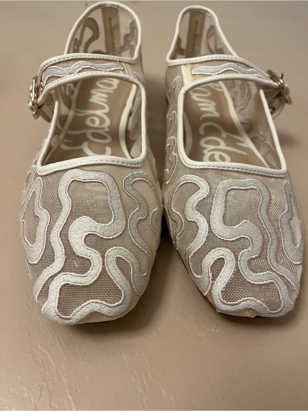 Sam Edelman Cream and White Embroidered Mary Jane Flats